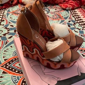 Jeffrey Campbell Bradshaw Tan Lace Wedge Sandal